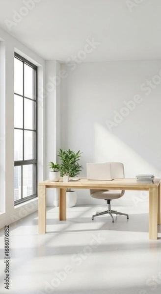 Obraz Bright and minimalist home office with a light wooden desk, laptop, comfortable chair, and green plants by a large window overlooking a city view, bathed in natural light and creating a serene workspa
