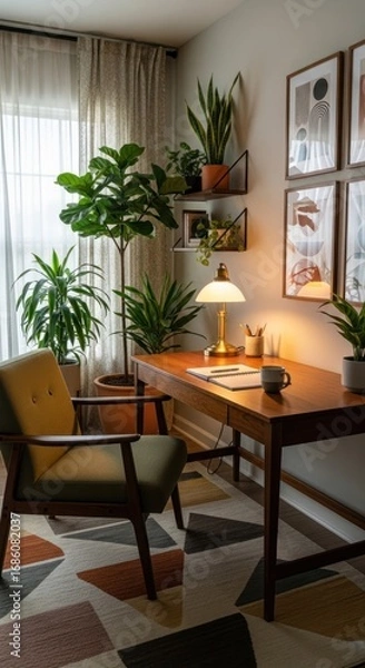 Obraz Inviting Mid-Century Modern Home Office with Wooden Desk, Green Armchair, Abundant Houseplants, Abstract Wall Art, and Geometric Rug, Creating a Cozy and Productive Workspace Bathed in Warm Light.