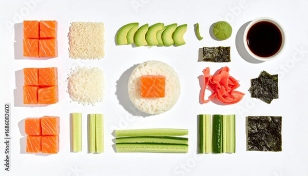 Obraz Fresh salmon avocado rice nori ginger wasabi and soy sauce arranged for delicious sushi making