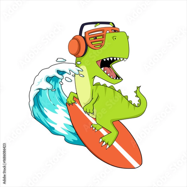 Fototapeta Cool rex Surfing Ocean Waves Mascot Cartoon