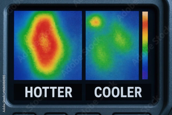 Fototapeta Thermal test result comparison in industry context with hotter and cooler temperature zones displayed on digital screen