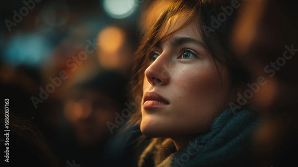 Fototapeta Serene Contemplation Amidst a Crowd: A focused woman gazes with a contemplative expression, her face illuminated by soft light, lost in thought.