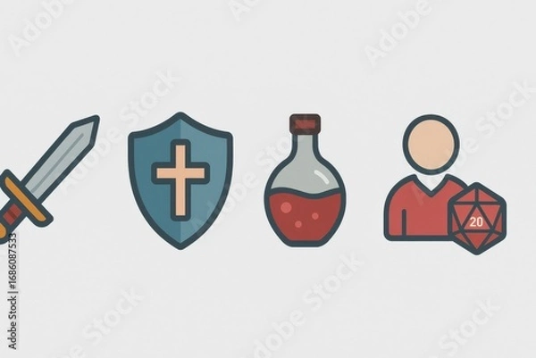 Fototapeta Dungeons and Dragons game elements including a sword shield potion and character icon