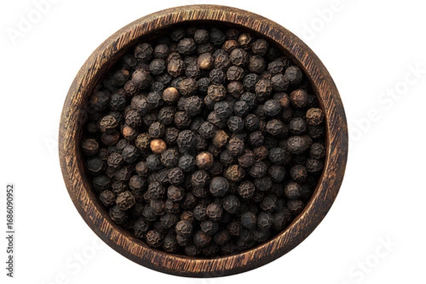 Fototapeta Black Peppercorns in Rustic Wooden Bowl, Isolated on Transparent Background.png