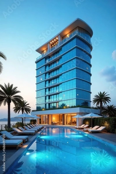 Fototapeta A luxurious hotel with a vibrant blue exterior, situated against a clear sky Modern architecture, stunning views, and a tranquil atmosphere are showcased , calm, luxury, sunset