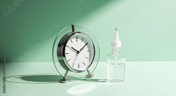 Fototapeta Round analog alarm clock with white face and glass frame beside clear liquid dropper bottle