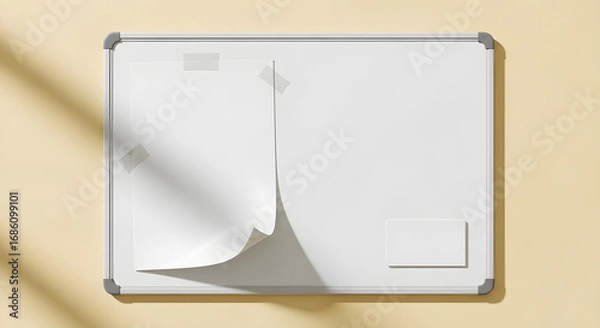 Fototapeta Whiteboard with taped paper sheet and blank card on a yellow wall empty