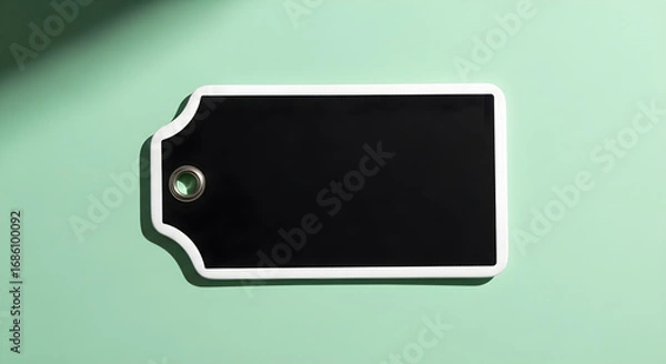 Fototapeta A blank black tag with white border and grommet on a light green empty