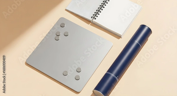 Fototapeta A silver magnetic whiteboard with magnets an open notebook and a dark blue tube on a light beige surface