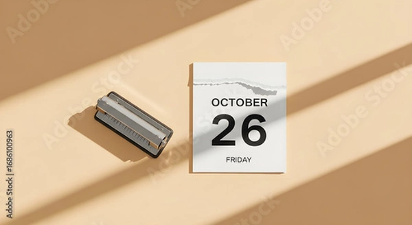 Fototapeta A metallic harmonica and a tear off calendar showing October 26 Friday on a beige  with light shadows