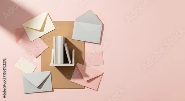Fototapeta Soft pastel envelopes and books arranged on a textured surface with dramatic shadows