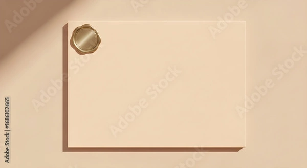 Fototapeta A golden wax seal is attached to the corner of a beige textured rectangle against a neutral