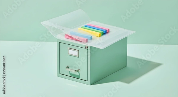 Fototapeta A mint green filing cabinet holds colorful chalk sticks within a translucent folder