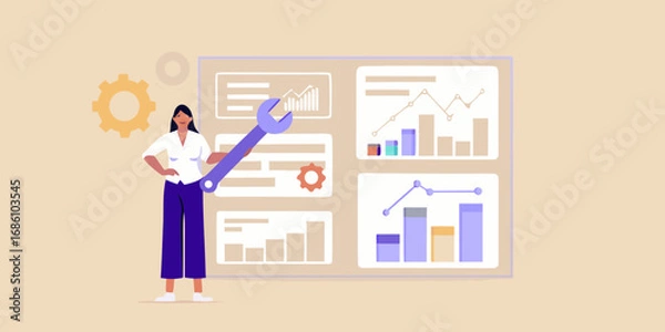 Fototapeta Woman holding wrench in front of dashboard with charts and graphs illustrating data analysis and business growth