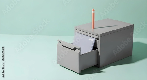 Fototapeta Gray filing cabinet with an open drawer holding documents and a pink pencil on top