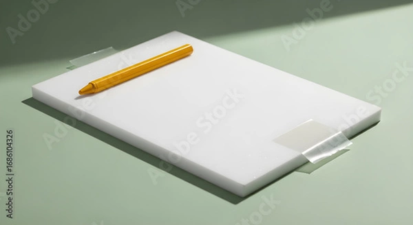 Fototapeta A single yellow crayon rests on a blank white surface secured with clear tape