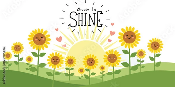 Fototapeta Cheerful sunflowers blooming in sunny field with hearts reminding us to choose to shine brightly