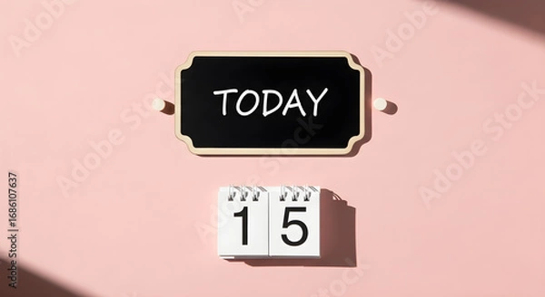 Fototapeta A small chalkboard displaying the word TODAY hangs above a flip calendar showing the number 15 on a pink  with shadows