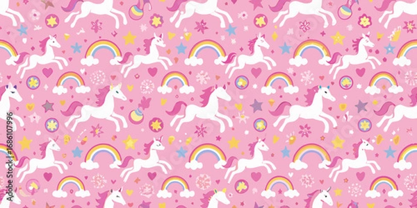 Fototapeta Whimsical pattern of white unicorns with pink manes and tails jumping over rainbows and surrounded by stars and hearts on a pink background