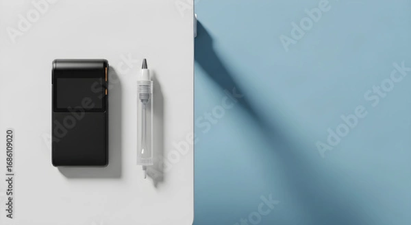 Fototapeta Black electronic device and clear liquid dispenser on contrasting white and blue backgrounds with shadow