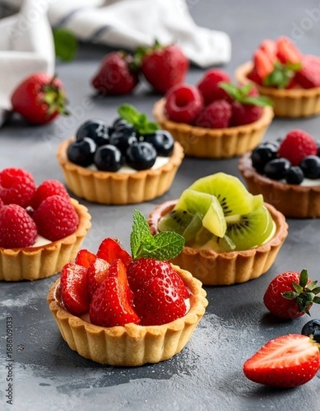 Fototapeta Assorted fruit tarts on a textured surface