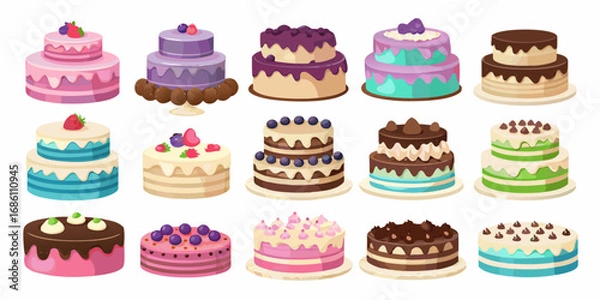 Fototapeta Collection of delicious and colorful layered cakes decorated with fruits and cream