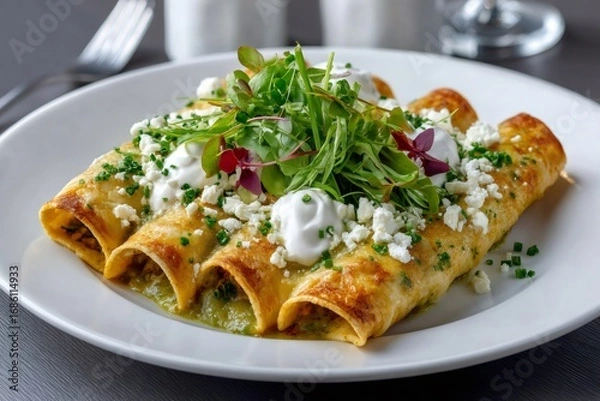 Fototapeta Delicious chicken enchiladas with green sauce, sour cream, cheese and salad topping sitting on a white plate