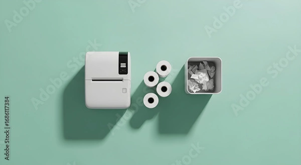 Fototapeta White thermal printer four paper rolls and waste bin filled with crumpled paper on a mint green