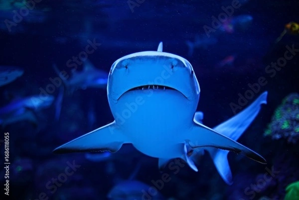 Fototapeta Intense Blue Shark Portrait in Deep Ocean