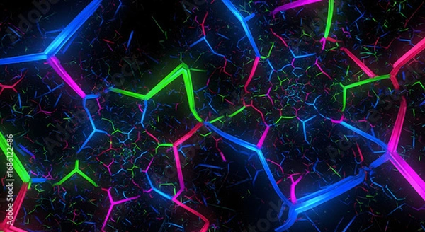 Fototapeta Abstract polygonal network with neon colors on a dark background.
