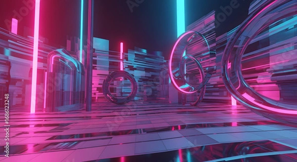 Fototapeta Futuristic city with neon lights and abstract architecture, creating a modern and vibrant scene.