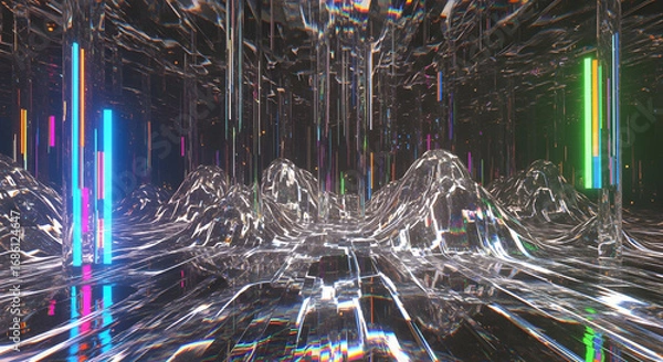 Fototapeta Abstract landscape with neon lights and reflective surfaces.