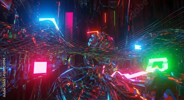 Fototapeta Cyberpunk neon lights with complex wire system and futuristic technology backdrop.