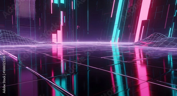 Fototapeta Abstract neon grid landscape with glowing lines and geometric shapes.
