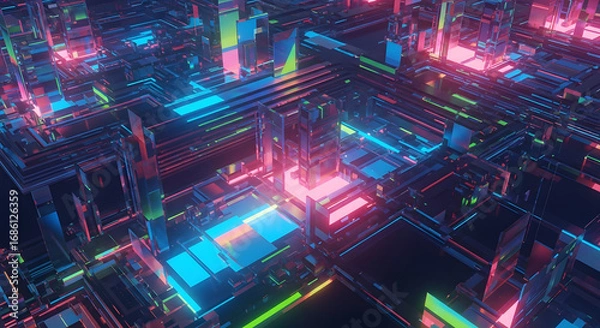 Fototapeta Cyberpunk city with neon lights and futuristic architecture, digital rendering.