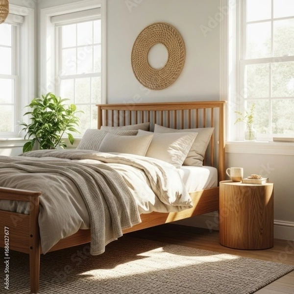 Obraz Bright and minimalist bedroom interior with natural light, wooden bed frame, cozy bedding, and a textured rug, creating a serene and inviting space.
