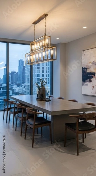 Obraz Modern and Elegant Dining Room with Industrial Chandelier, Large Window Offering City Skyline Views, and Contemporary Interior Design