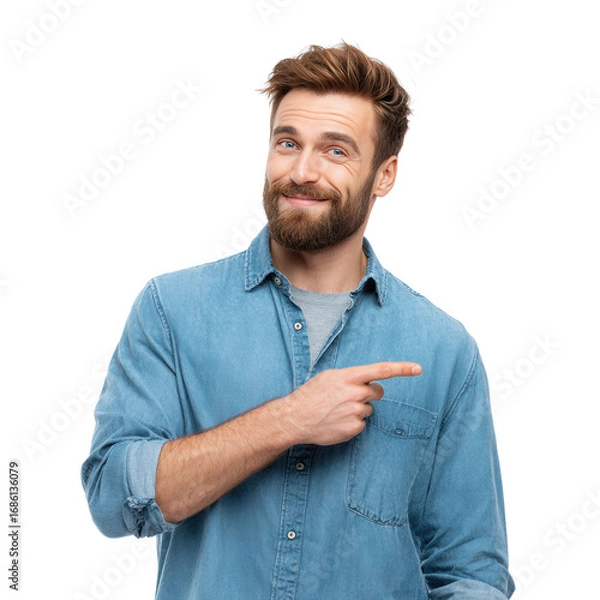 Obraz Confident bearded man pointing sideways on transparent background
