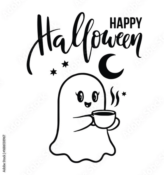 Fototapeta Cute Halloween ghost is drinking tea with stars and moon, on transparent background