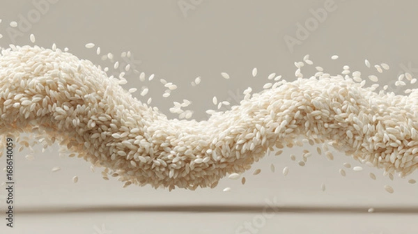 Obraz Flowing stream of rice grains creates dynamic wave pattern against neutral background