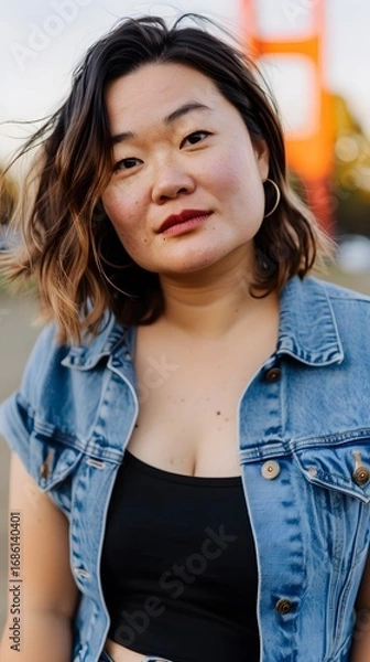Fototapeta The Golden Gate Bridge emerging from mystical fog with woman portrait image   