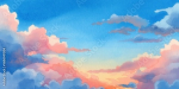 Fototapeta Abstract pixel art background of sky with clouds at sunset