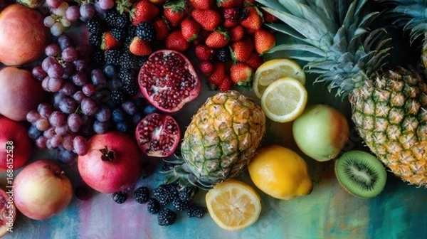 Fototapeta Vibrant Fresh Fruits Arrangement with Pineapple and Berries