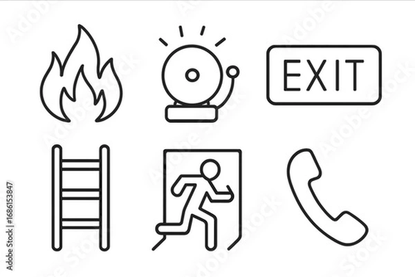 Fototapeta Emergency safety line icon set. Fire alarm, exit sign, escape ladder, evacuation route and emergency phone call. Vector illustration for public safety and warning signs.