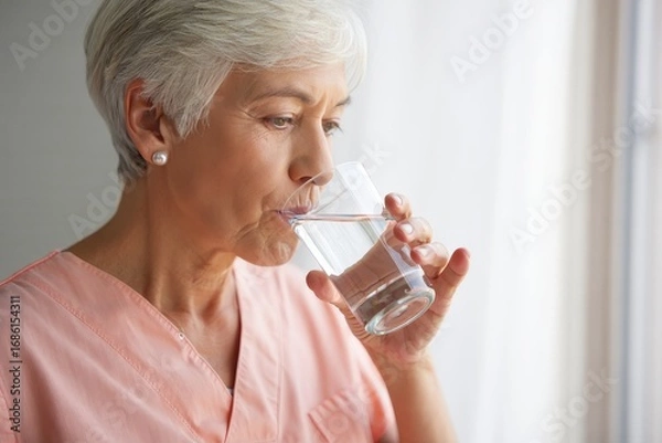 Obraz Senior Woman Drinking Water by Window - Healthy Lifestyle and Hydration Concept