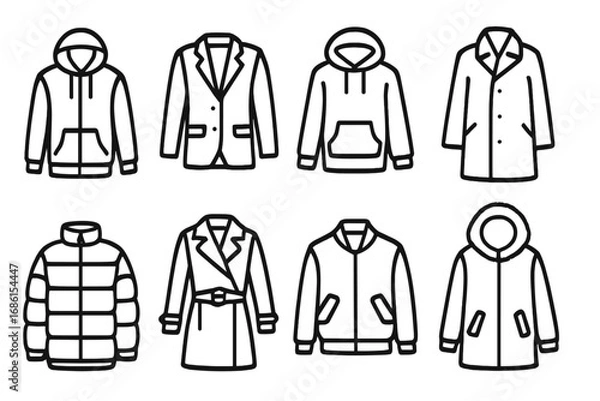 Fototapeta Fashion clothing outline icon set. Jackets, coats, hoodies, and outerwear linear icons. Vector collection of puffer, bomber, blazer, and parka for web or app design.