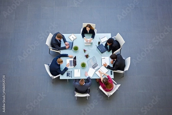 Obraz Business Team Meeting Around Round Table - Top Down View