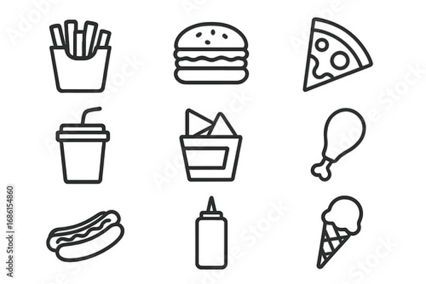 Fototapeta Fast food outline icon set. Minimalist vector icons of fries, burger, pizza, soda, hot dog, chicken, nachos, ice cream. Junk food linear symbols for menu, web, and apps.