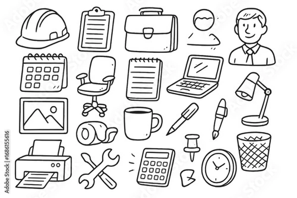 Fototapeta Office supplies and business work icon collection. Hand-drawn doodle set for Labor Day. Includes hard hat, tools, laptop, calendar, briefcase, printer. Vector line art design.