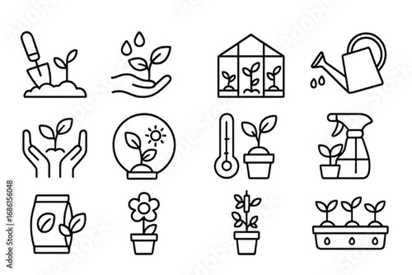 Fototapeta Gardening and plant care line icon set. Vector outline icons for horticulture and agriculture. Concepts of growth, planting, seedlings, greenhouse, watering, tools, sprout.